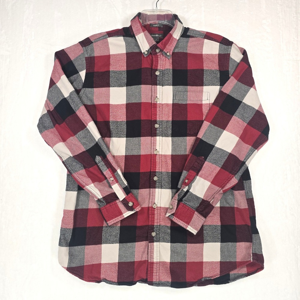 Eddie Bauer Mens Tall Large Red Black Plaid Flannel Shirt Relaxed Fit Cotton